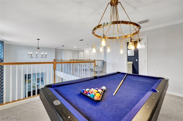 2369 Tangerine Ln, Naples, FL 34120 - recreation room featuring a chandelier, carpet flooring, billiards, baseboards, and crown molding