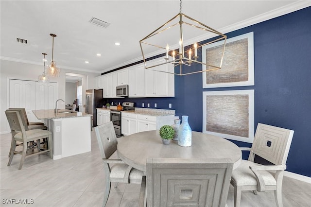 2369 Tangerine Ln, Naples, FL 34120 - dining space with a chandelier, crown molding, baseboards, light tile patterned flooring, and recessed lighting