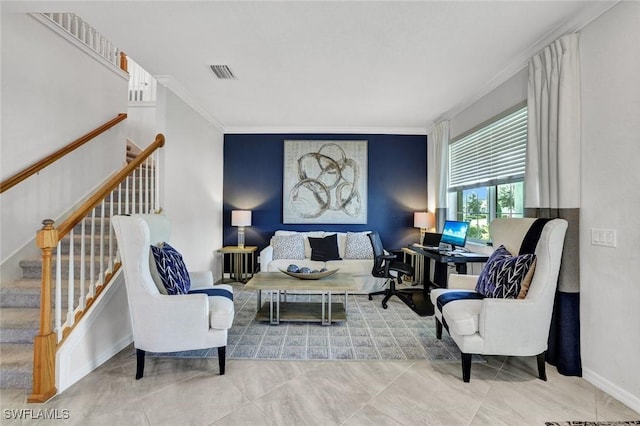 2369 Tangerine Ln, Naples, FL 34120 - living room featuring crown molding, stairway, baseboards, and an office area