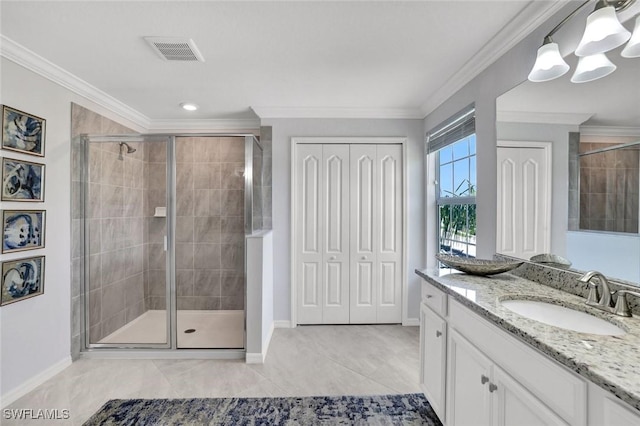 2369 Tangerine Ln, Naples, FL 34120 - bathroom with baseboards, a stall shower, vanity, and crown molding