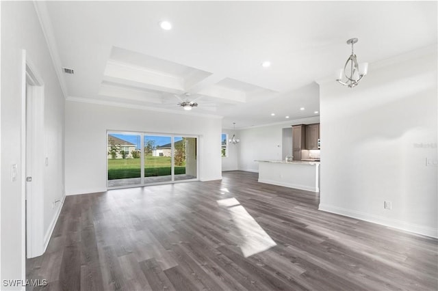 16077 Coruna Ct, Punta Gorda, FL 33955 - unfurnished living room featuring a chandelier, recessed lighting, ornamental molding, coffered ceiling, and baseboards
