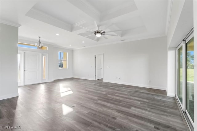 16077 Coruna Ct, Punta Gorda, FL 33955 - unfurnished living room with crown molding, recessed lighting, dark wood-style floors, coffered ceiling, and baseboards