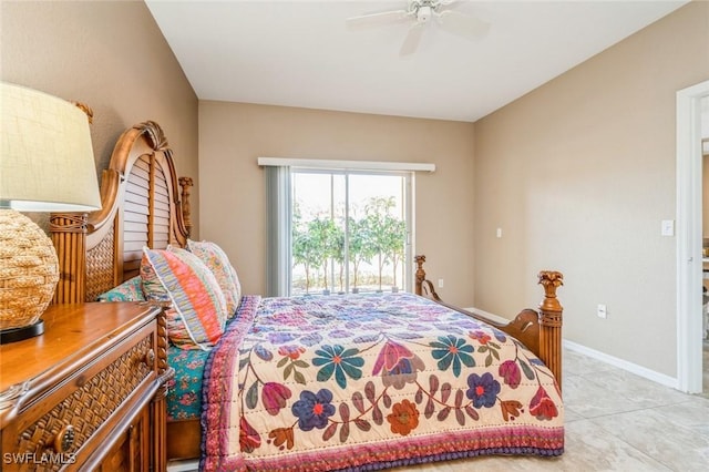 6461 Aragon Way Unit 102, Fort Myers, FL 33966 - bedroom featuring a ceiling fan, access to exterior, light tile patterned floors, and baseboards