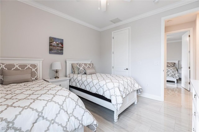 bedroom with ornamental molding, baseboards, ceiling fan, and light wood finished floors
