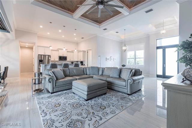 living room with coffered ceiling, a ceiling fan, baseboards, crown molding, and recessed lighting