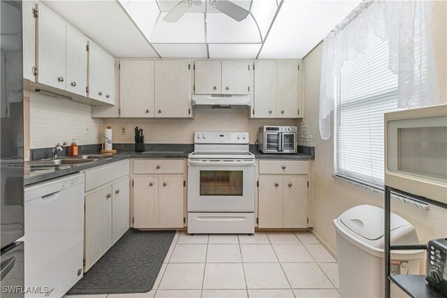 1740 Pine Valley Dr Unit 211, Fort Myers, FL 33907 - kitchen featuring white appliances, under cabinet range hood, a sink, ceiling fan, and light tile patterned floors