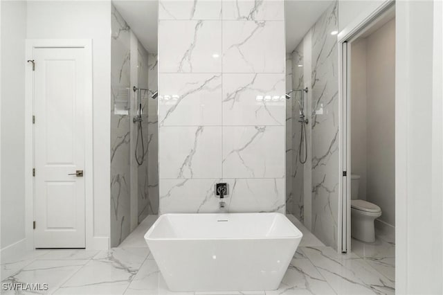 bathroom featuring marble tiled floors, a soaking tub, toilet, and a marble finish shower