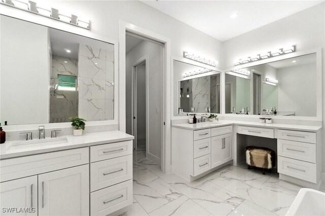 full bathroom featuring marble look tile flooring, a marble finish shower, two vanities, and recessed lighting