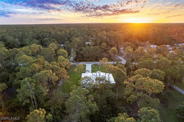 aerial view at dusk of a wooded view