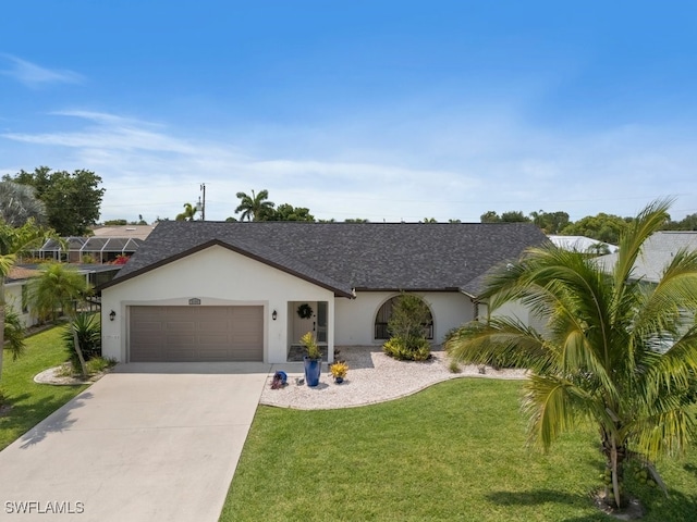 2124 SE 10th Ln, Cape Coral, FL 33990 - ranch-style home with stucco siding, a shingled roof, driveway, a front yard, and an attached garage
