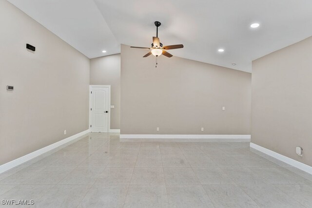 2124 SE 10th Ln, Cape Coral, FL 33990 - spare room featuring a ceiling fan, baseboards, light tile patterned floors, high vaulted ceiling, and recessed lighting