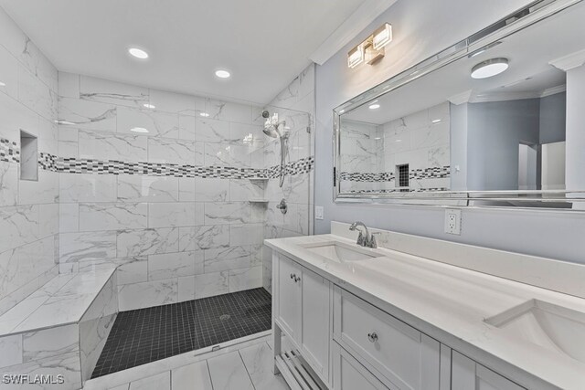 2124 SE 10th Ln, Cape Coral, FL 33990 - bathroom featuring marble look tiles, recessed lighting, walk in shower, double vanity, and ornamental molding