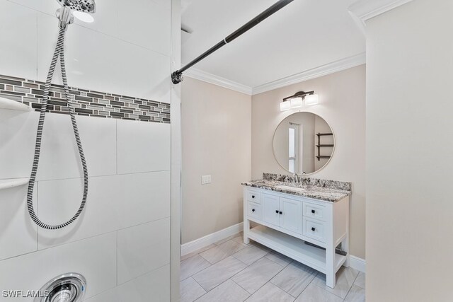 2124 SE 10th Ln, Cape Coral, FL 33990 - bathroom featuring baseboards, crown molding, vanity, a shower, and marble finish floors