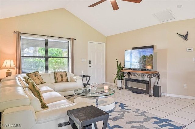 27006 Elaine Dr, Bonita Springs, FL 34135 - living area with ceiling fan, light tile patterned floors, and high vaulted ceiling