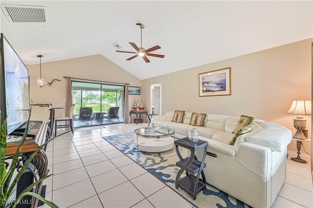 27006 Elaine Dr, Bonita Springs, FL 34135 - living area featuring ceiling fan, lofted ceiling, and light tile patterned floors