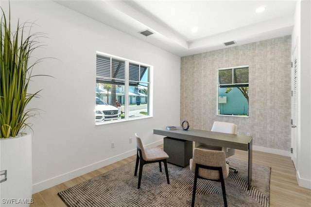 26380 Coco Cay Cir Unit 101, Bonita Springs, FL 34135 - office area featuring an accent wall, baseboards, light wood-type flooring, recessed lighting, and wallpapered walls