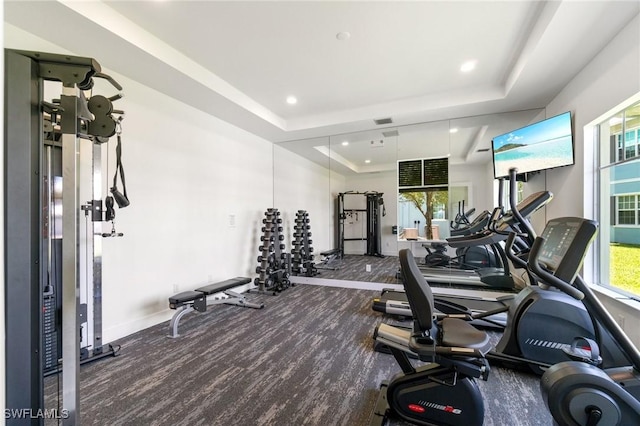 26380 Coco Cay Cir Unit 101, Bonita Springs, FL 34135 - exercise room with baseboards, a raised ceiling, and recessed lighting