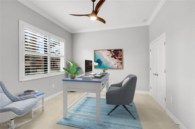 11810 Timbermarsh Ct, Fort Myers, FL 33913 - office area featuring crown molding, carpet flooring, ceiling fan, and baseboards