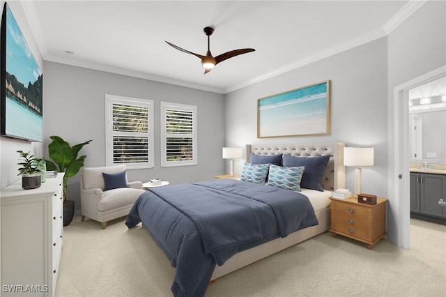 11810 Timbermarsh Ct, Fort Myers, FL 33913 - bedroom with ornamental molding, light colored carpet, ensuite bathroom, a sink, and a ceiling fan