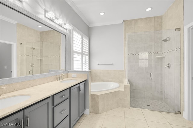 11810 Timbermarsh Ct, Fort Myers, FL 33913 - bathroom featuring a shower stall, a garden tub, tile patterned floors, double vanity, and crown molding