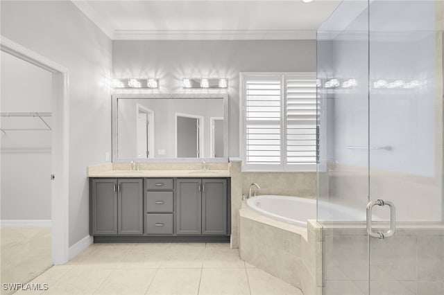 11810 Timbermarsh Ct, Fort Myers, FL 33913 - full bathroom with double vanity, a garden tub, tile patterned flooring, crown molding, and a shower stall