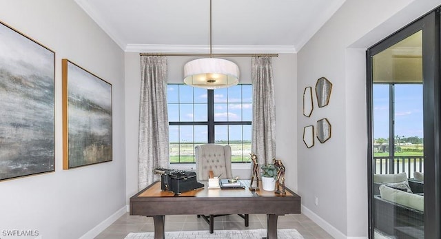 home office with tile patterned flooring, crown molding, and baseboards