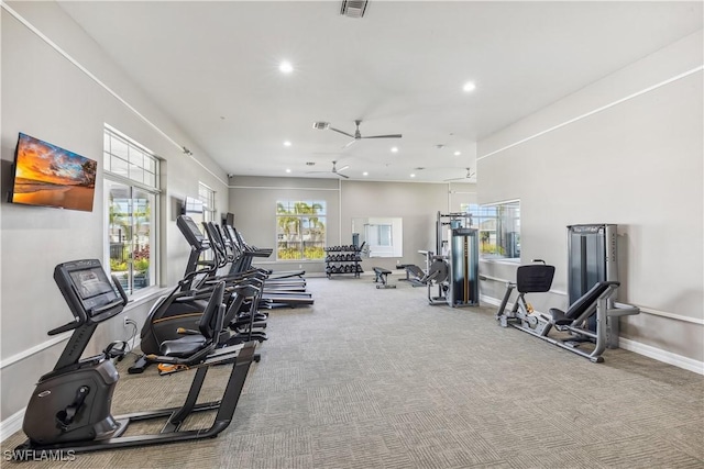 16515 Fire Coral Ln, North Fort Myers, FL 33903 - workout area featuring a ceiling fan, recessed lighting, baseboards, and carpet floors