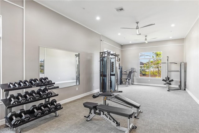 16515 Fire Coral Ln, North Fort Myers, FL 33903 - exercise area featuring ceiling fan, carpet floors, baseboards, and recessed lighting