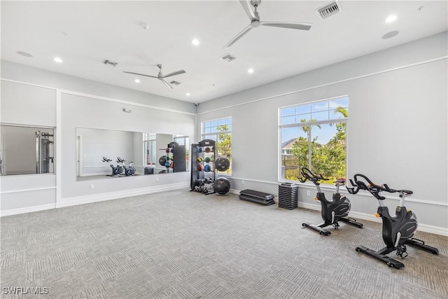 16515 Fire Coral Ln, North Fort Myers, FL 33903 - exercise area with a ceiling fan, carpet flooring, recessed lighting, and baseboards
