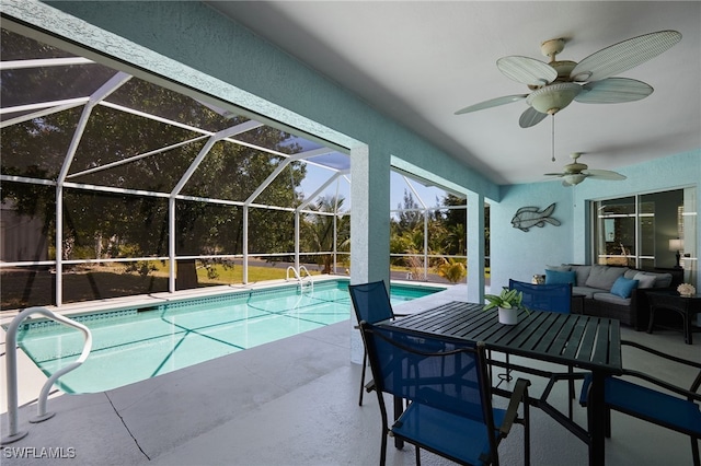 8970 Woodgate Manor Ct, Fort Myers, FL 33908 - swimming pool featuring a patio area, outdoor lounge area, ceiling fan, and a lanai