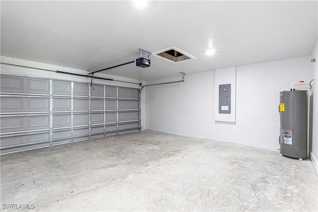 garage with water heater, electric panel, and a garage door opener