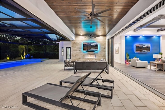 15392 Old Pine Ct, Fort Myers, FL 33912 - view of patio / terrace with ceiling fan, an outdoor pool, an outdoor living space, and a lanai