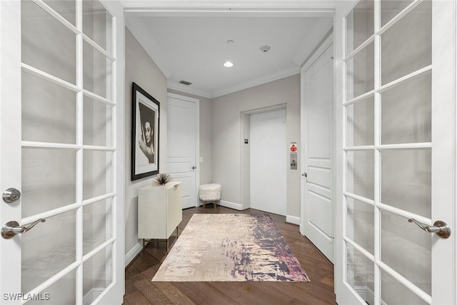 4750 Via Del Corso Ln Unit 201, Bonita Springs, FL 34134 - bathroom with french doors, wood finished floors, ornamental molding, recessed lighting, and elevator