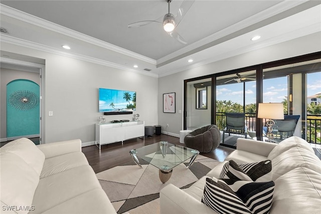 4750 Via Del Corso Ln Unit 201, Bonita Springs, FL 34134 - living room with ceiling fan, wood finished floors, recessed lighting, baseboards, and a raised ceiling