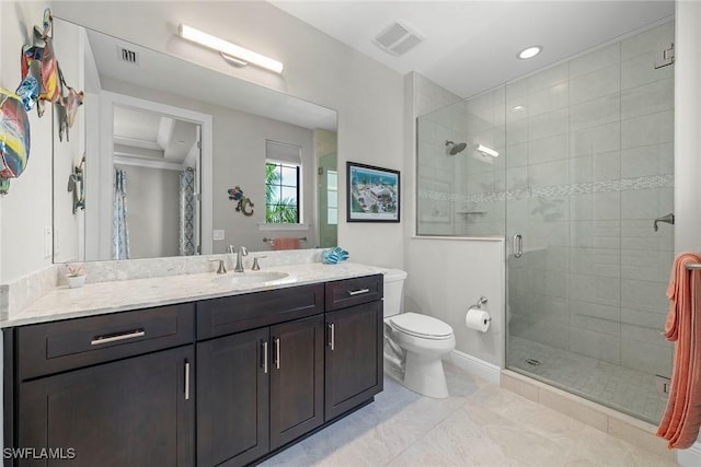 4750 Via Del Corso Ln Unit 201, Bonita Springs, FL 34134 - bathroom with a stall shower, toilet, vanity, and recessed lighting