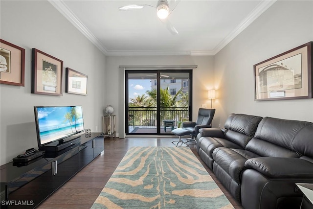 4750 Via Del Corso Ln Unit 201, Bonita Springs, FL 34134 - living room with ornamental molding, dark wood-type flooring, and ceiling fan
