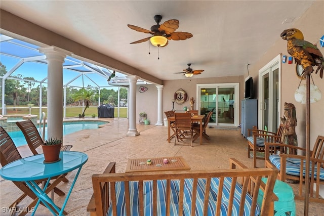 940 Golden Gate Blvd W, Naples, FL 34120 - view of patio with ceiling fan, a lanai, outdoor dining space, and a pool with connected hot tub