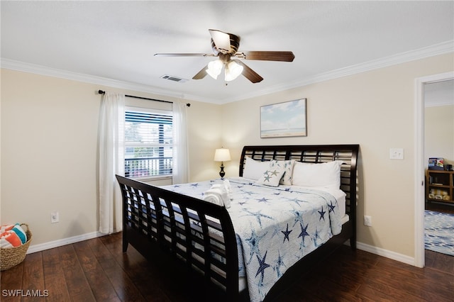 bedroom with wood-type flooring, baseboards, crown molding, and a ceiling fan