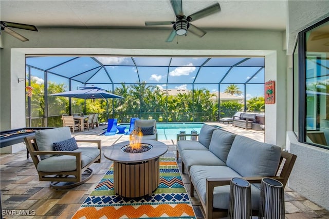 3726 Ceitus Pkwy, Cape Coral, FL 33991 - view of patio with an outdoor living space with a fire pit, a ceiling fan, a lanai, and outdoor dining area