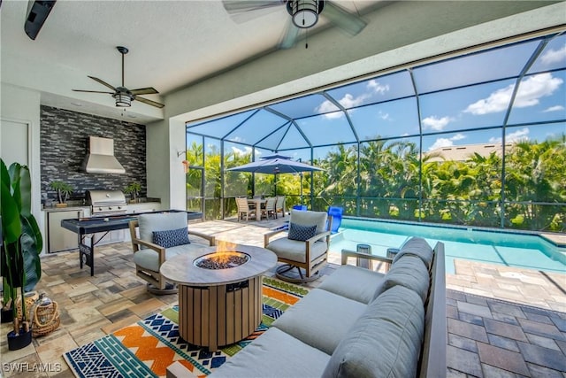3726 Ceitus Pkwy, Cape Coral, FL 33991 - view of patio / terrace with an outdoor living space with a fire pit, ceiling fan, outdoor dining area, and an outdoor pool