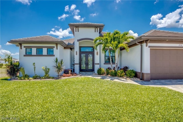 3726 Ceitus Pkwy, Cape Coral, FL 33991 - mediterranean / spanish-style home featuring french doors, stucco siding, a front lawn, a garage, and a tiled roof