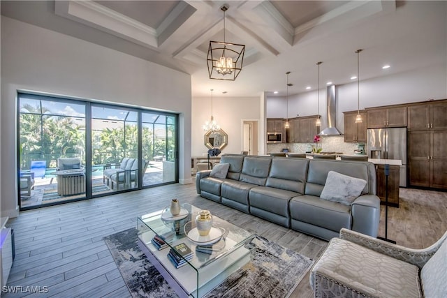 3726 Ceitus Pkwy, Cape Coral, FL 33991 - living area with a chandelier, recessed lighting, beamed ceiling, light wood-style flooring, and coffered ceiling