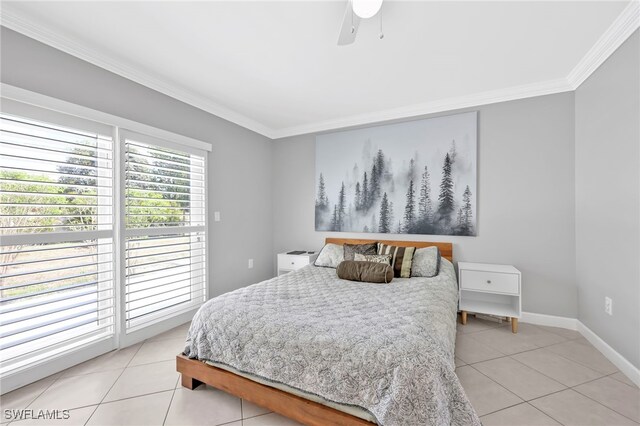 5397 25th Ave SW, Naples, FL 34116 - bedroom with light tile patterned floors, crown molding, access to exterior, baseboards, and a ceiling fan