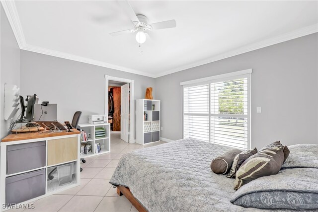 5397 25th Ave SW, Naples, FL 34116 - bedroom featuring crown molding, light tile patterned flooring, a ceiling fan, baseboards, and a desk