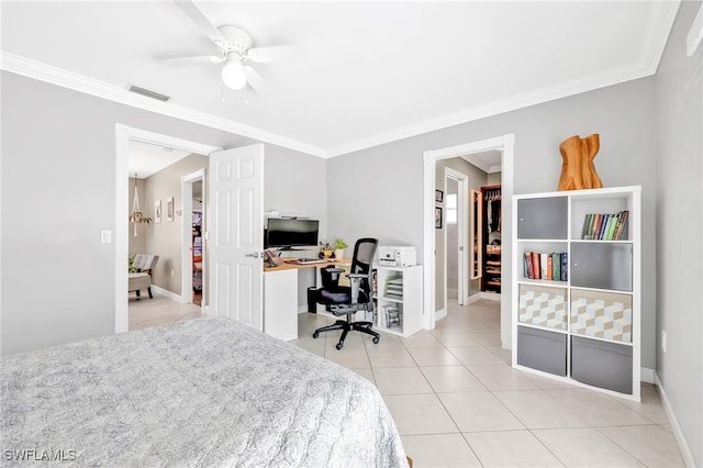 5397 25th Ave SW, Naples, FL 34116 - bedroom with a desk, baseboards, ornamental molding, light tile patterned floors, and a ceiling fan