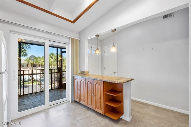 3450 Frosty Way Unit 5210, Naples, FL 34112 - kitchen with a peninsula, light stone countertops, open shelves, hanging light fixtures, and light tile patterned floors