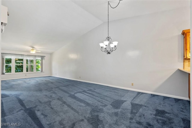3450 Frosty Way Unit 5210, Naples, FL 34112 - unfurnished room featuring lofted ceiling, dark colored carpet, ceiling fan, baseboards, and a chandelier