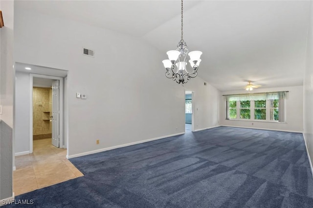 3450 Frosty Way Unit 5210, Naples, FL 34112 - unfurnished living room with ceiling fan, a chandelier, baseboards, carpet flooring, and high vaulted ceiling