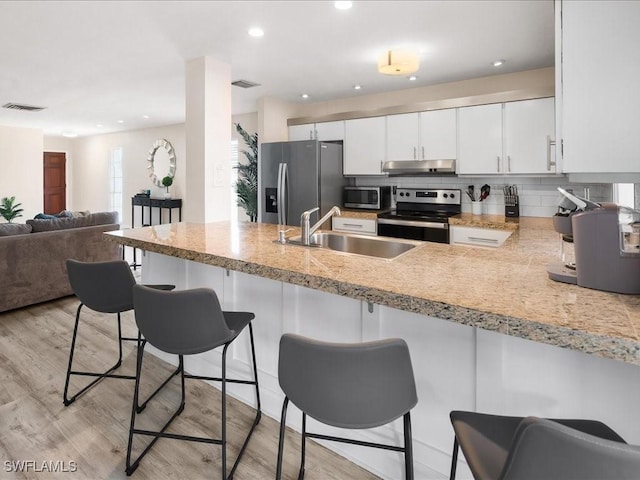 698 99th Ave N, Naples, FL 34108 - kitchen with appliances with stainless steel finishes, a sink, under cabinet range hood, a peninsula, and light countertops