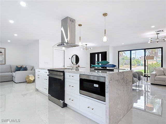 125 SE 41st Ter, Cape Coral, FL 33904 - kitchen featuring open floor plan, range hood, a chandelier, electric stove, and recessed lighting